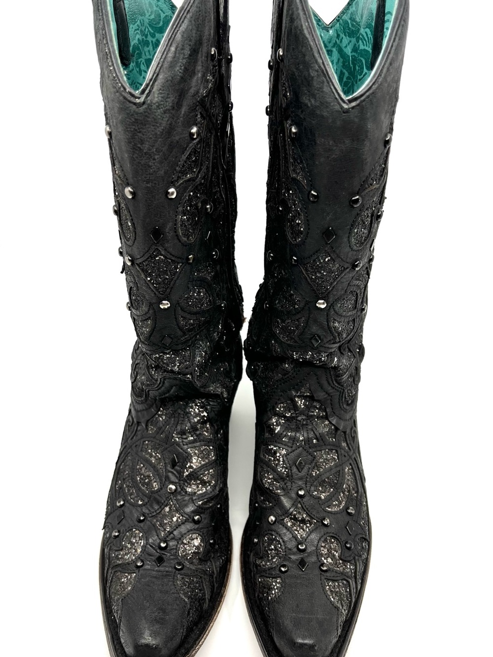 FLAWED Corral Ladies Black Leather Glitter Inlay and Studded Western Boots 8.5 M - Picture 3 of 16
